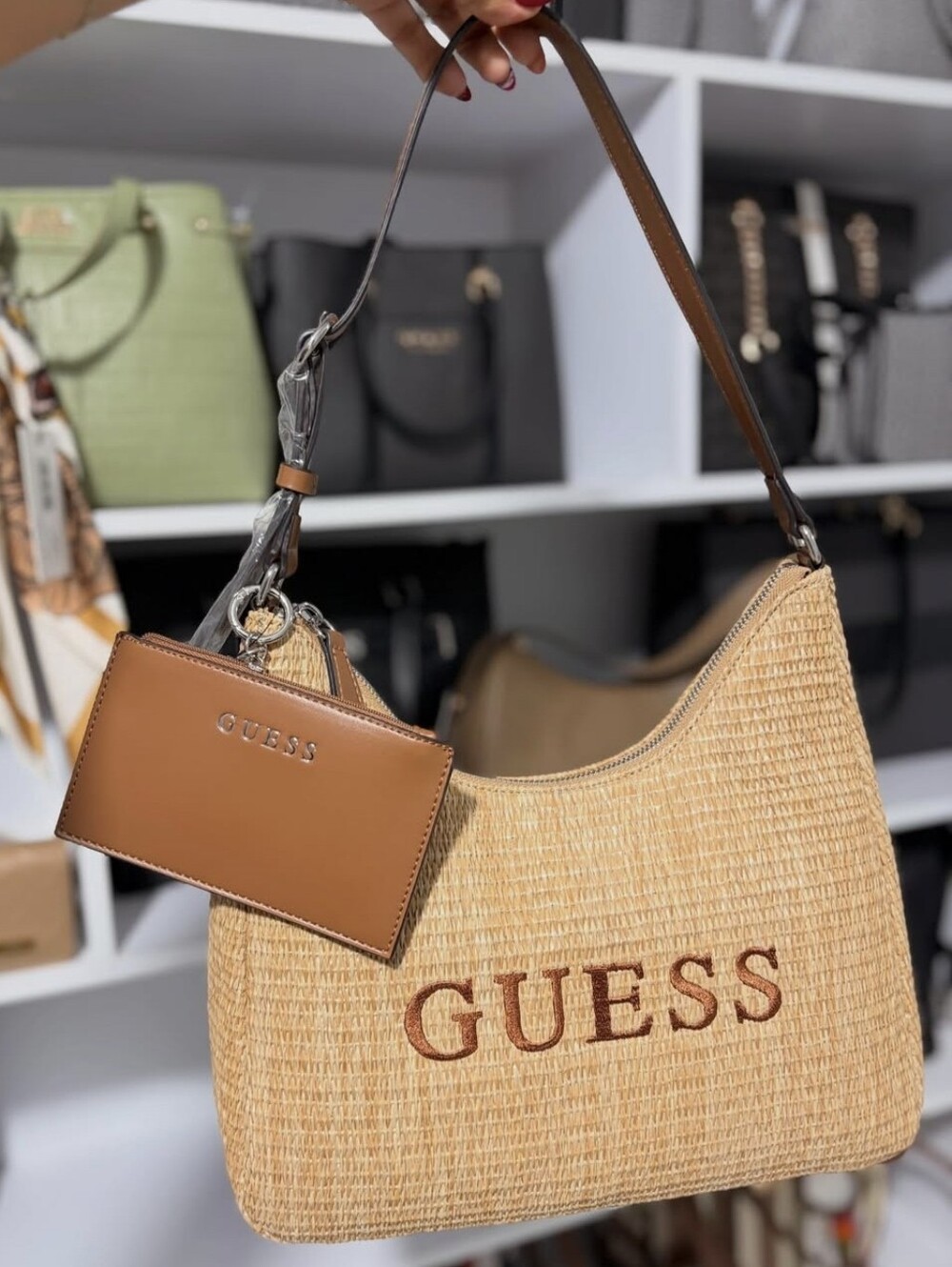 GUESS Tan Woven Shoulder Bag with Brown Card Case